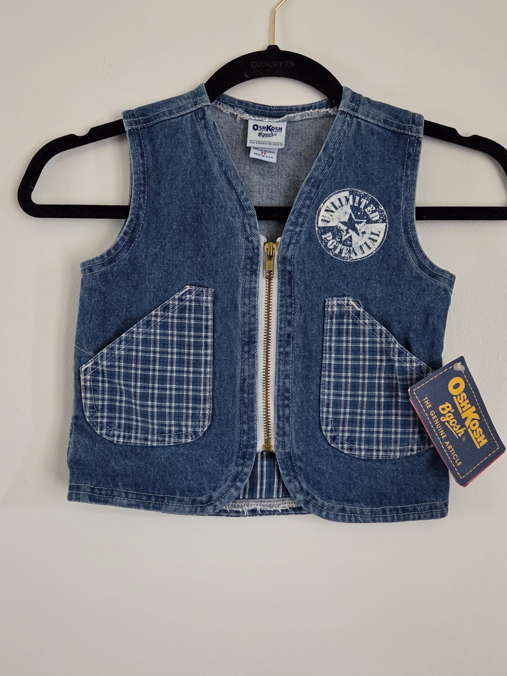 OshKosh B'gosh Blue Denim Kids Vest with Plaid Pockets